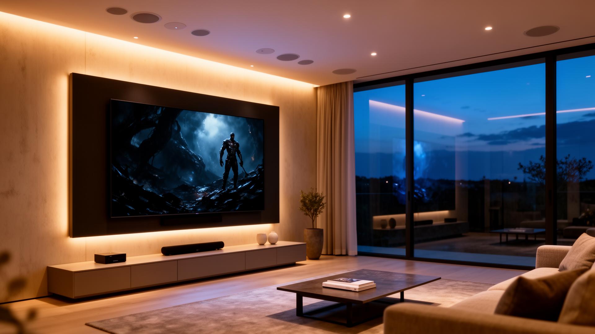 Modern living room with wall-mounted TV and home theater installed by AAA Net Multimedia Experts in Naperville, IL